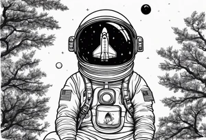 astronaut space suit hand holding a ball and within that ball is the back of a little girl sitting on a tree branch watching a space shuttle launch in the distance tattoo idea