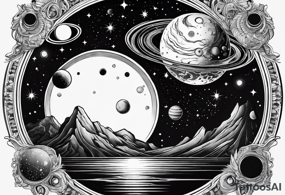 A tattoo featuring a cosmic scene with planets, black holes, and supernovae reflected in a mirror tattoo idea