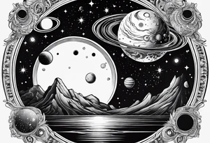 A tattoo featuring a cosmic scene with planets, black holes, and supernovae reflected in a mirror tattoo idea