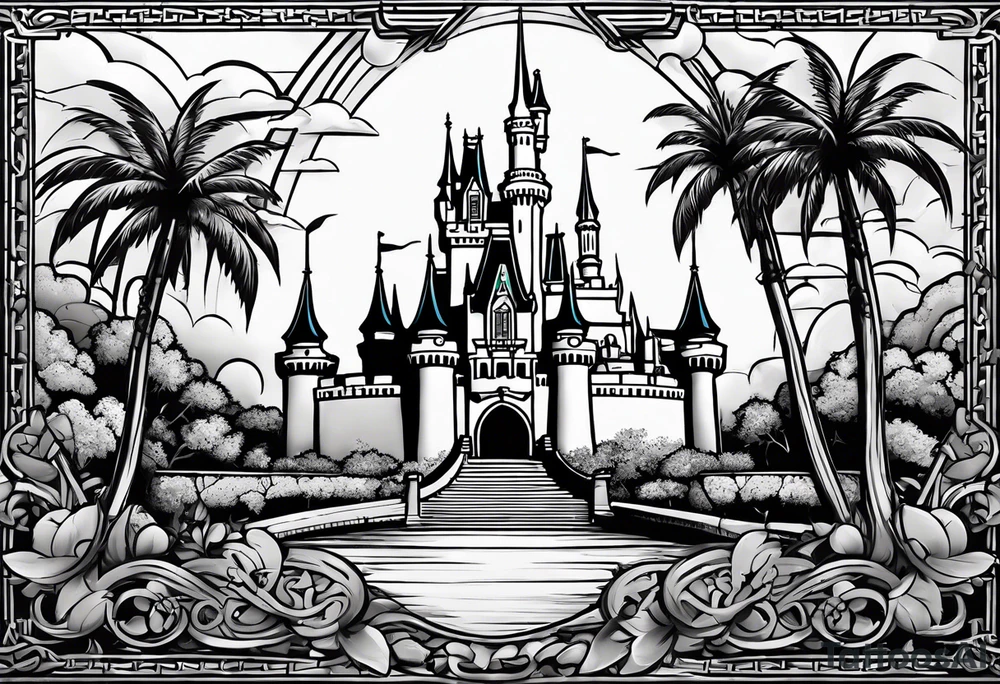 disney world castle with mickey mouse holding a knife in one hand and a stick in the other hand with palm trees and the celtic symbol for family tattoo idea