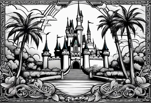 disney world castle with mickey mouse holding a knife in one hand and a stick in the other hand with palm trees and the celtic symbol for family tattoo idea