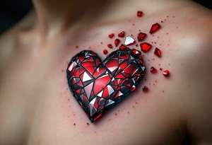 A shattered glass heart in deep red and silver, with tiny shards floating around, representing fragility and loss. tattoo idea