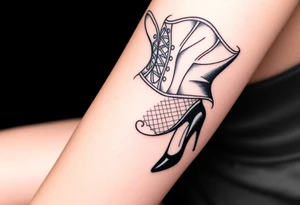 Seated woman, wearing a corset, fishnet tights and black shiny stilettos tattoo idea