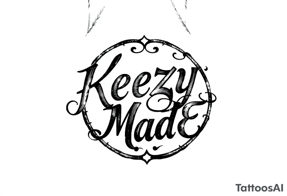 letters only fancy but rugged twisted and intertwined circular arched curvy lettering in a circular  that would be clothing brand style that says (KeezY MadE) almost the the roca wear symbol clothing brand tattoo idea
