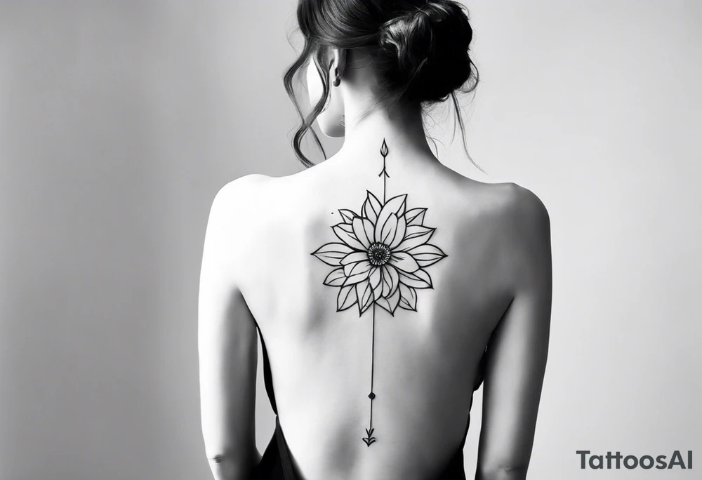 create an elegant spine tattoo for women. make it simple but beautiful. include themes of flowers, leaves, lines, words, etc. make it THIN tattoo idea