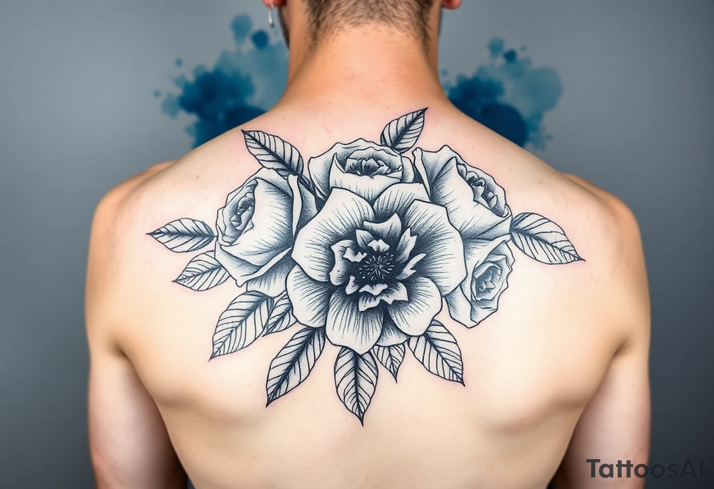 Black and white roses and carnations with blue watercolour behind tattoo idea