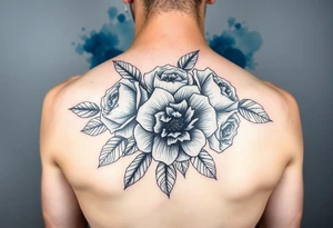 Black and white roses and carnations with blue watercolour behind tattoo idea