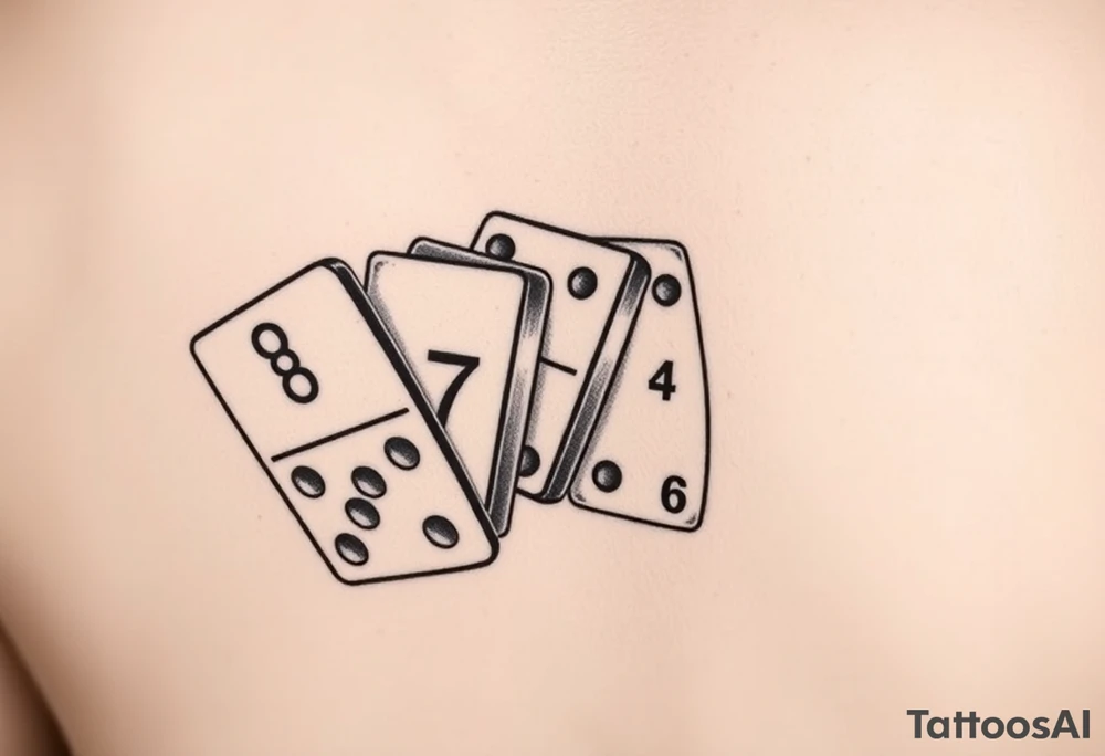 „Tattoo design of three domino tiles falling like in a domino chain, leaning against each other in motion. Realistic retro style, black and grey shading, not fine-line. The tiles show the numbers: one with 8 (4+4), one with 7 (4+3), and one with 6 (six dots on the bottom half). On the top half of the domino with 6, add the initials ‘JH’ in elegant retro lettering. Slightly worn, vintage realistic tattoo look.“ tattoo idea