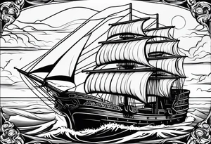 huge wooden ship with sun no clouds tattoo idea