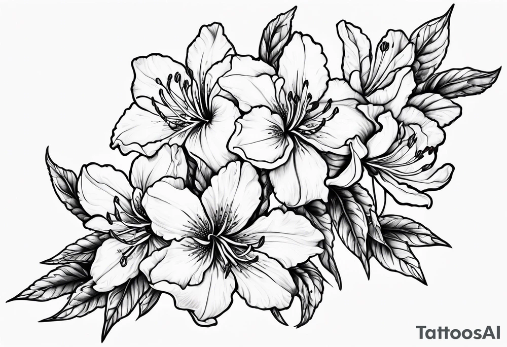 5-petal azaleas with buds along a long branch tattoo idea