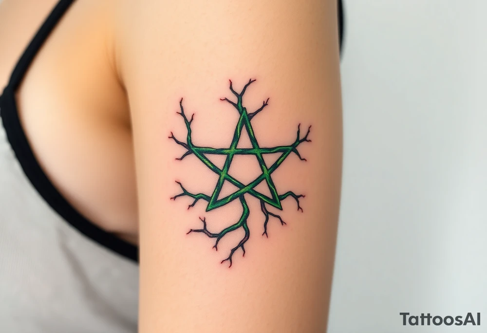 A nature-inspired pentagram made of twisted roots, with glowing green veins pulsing with life. tattoo idea