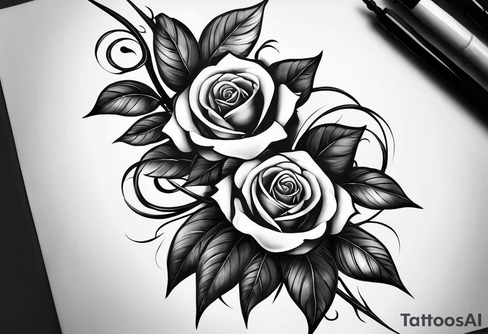 long vertical tattoo to cover my whole shin showing two seperate rose stems wrapped around each other, one stem should have thorns and one should be thornless I want a long stem to shower them intertwined tattoo idea