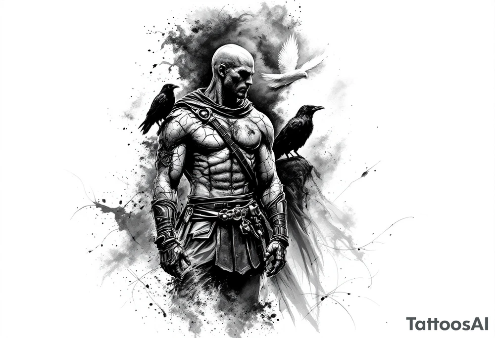 A black and grey tattoo sleeve design symbolizing silent battles and resilience. A worn gladiator with cracks in his armor stands tall, battle-weary but unbroken. Behind him, a shadowy figure represents the unseen struggles, partially obscured in mist. A single raven sits on his shoulder, symbolizing past darkness, while a faint dove soars above, representing faith and favor. Subtle tally marks blend into the background, representing victories no one sees. The design flows naturally with a balance of dark and light elements, blending realism with a slightly surreal feel. tattoo idea