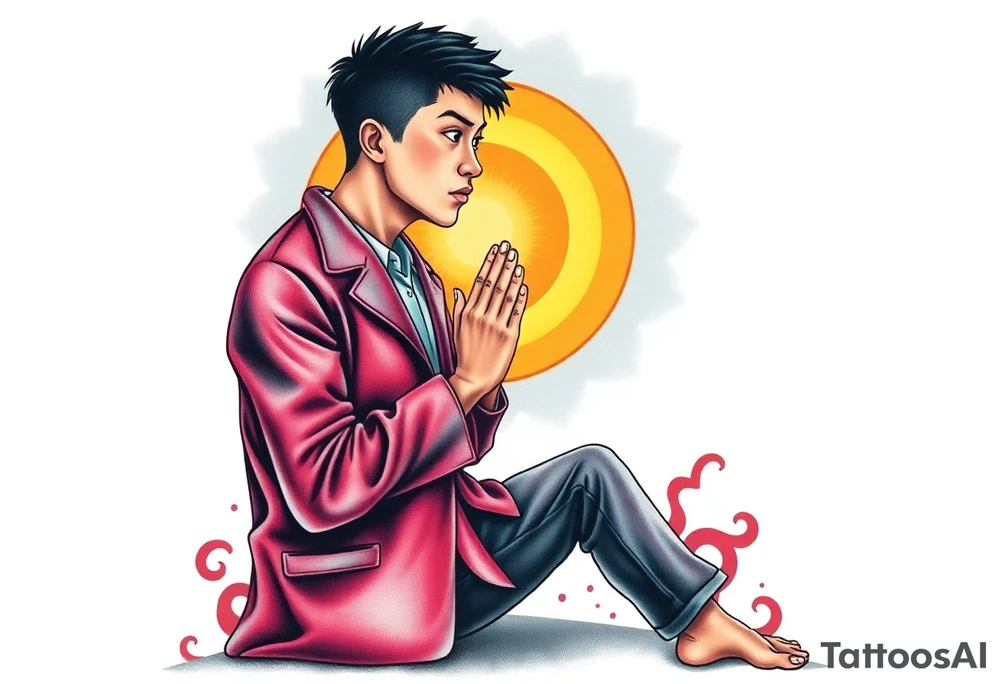 Handsome Asian young guy is standing on his knees apologising tattoo idea