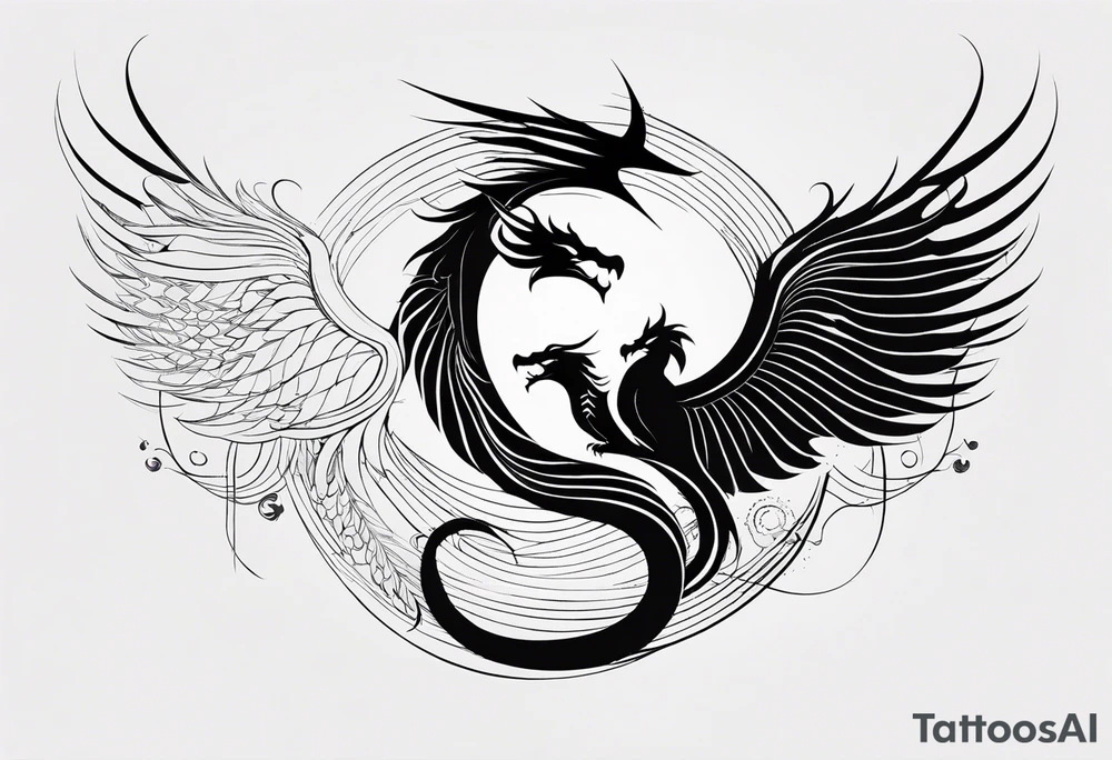 For a Gen Z-inspired dragon and phoenix tattoo, think of a clean, minimalist design that combines symbolism with bold, sleek lines. Imagine a dragon and phoenix spiraling together in a yin-yang-inspired layout. The dragon has a slightly abstract, modern shape, with sharp, flowing lines to show power, resilience, and wisdom, while the phoenix is rendered with sweeping curves and minimal detailing, symbolizing rebirth, growth, and transformation.

Both creatures should interact in a harmonious way, representing balance and duality. To keep it meaningful, focus on line work rather than intricate shading—clear, open spaces allow the tattoo to feel light and energetic. Adding small symbols, like stars or a faint galaxy backdrop, can enhance the "rising from ashes" and "strength through challenge" themes. This design will appeal timelessly while resonating with Gen Z’s love for symbolism and simplicity. tattoo idea