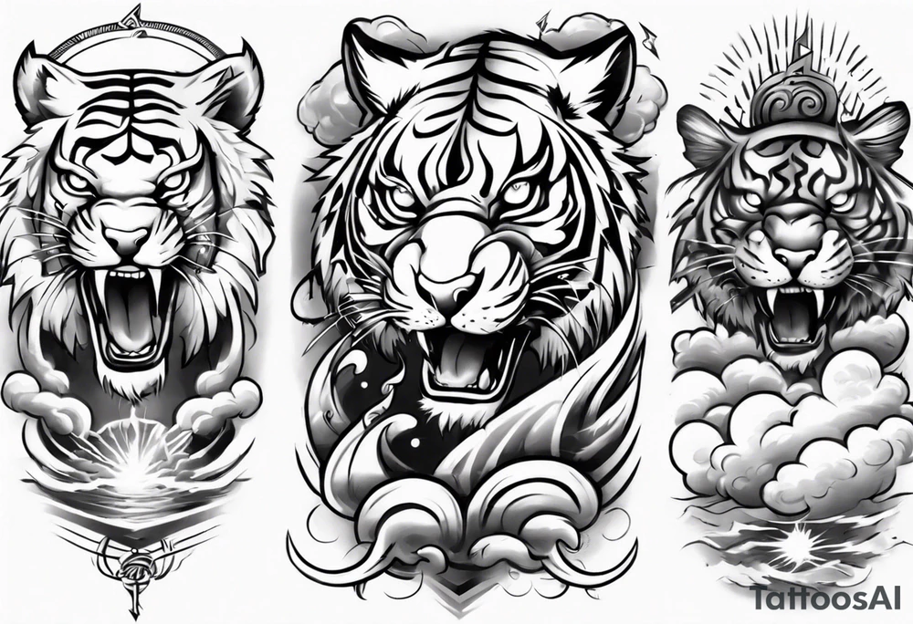 A mythical tiger forearm sleeve tattoo, with lightning and clouds filling the area tattoo idea