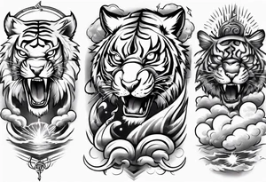 A mythical tiger forearm sleeve tattoo, with lightning and clouds filling the area tattoo idea