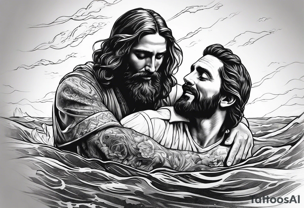 Jesus saving a man from drowning tattoo idea