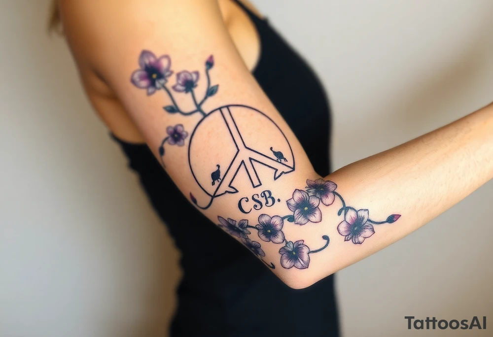 peace symbol, dog prints, Pisces symbol, intertwined with violets, amethyst, initials csb in cursive font tattoo idea
