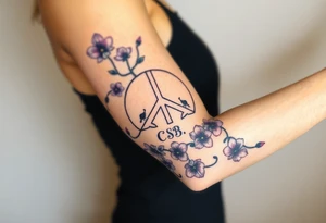 peace symbol, dog prints, Pisces symbol, intertwined with violets, amethyst, initials csb in cursive font tattoo idea