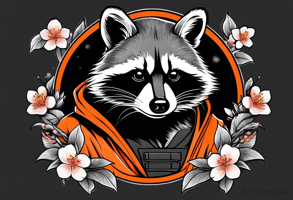 Raccoon wearing a white Superman logo on a black hoodie and orange Japanese cherry blossoms beside tattoo idea