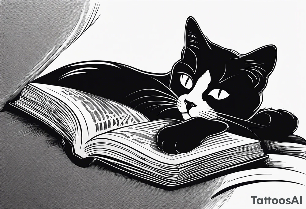 black sillhouette cat sleeping with a book sleeve tattoo tattoo idea