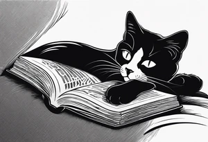 black sillhouette cat sleeping with a book sleeve tattoo tattoo idea
