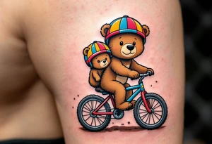 A bear and cub riding a bike together, drawn in simple round shapes with brown fur and colorful helmets. tattoo idea