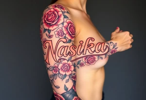 the word Nashika with roses surrounding tattoo idea