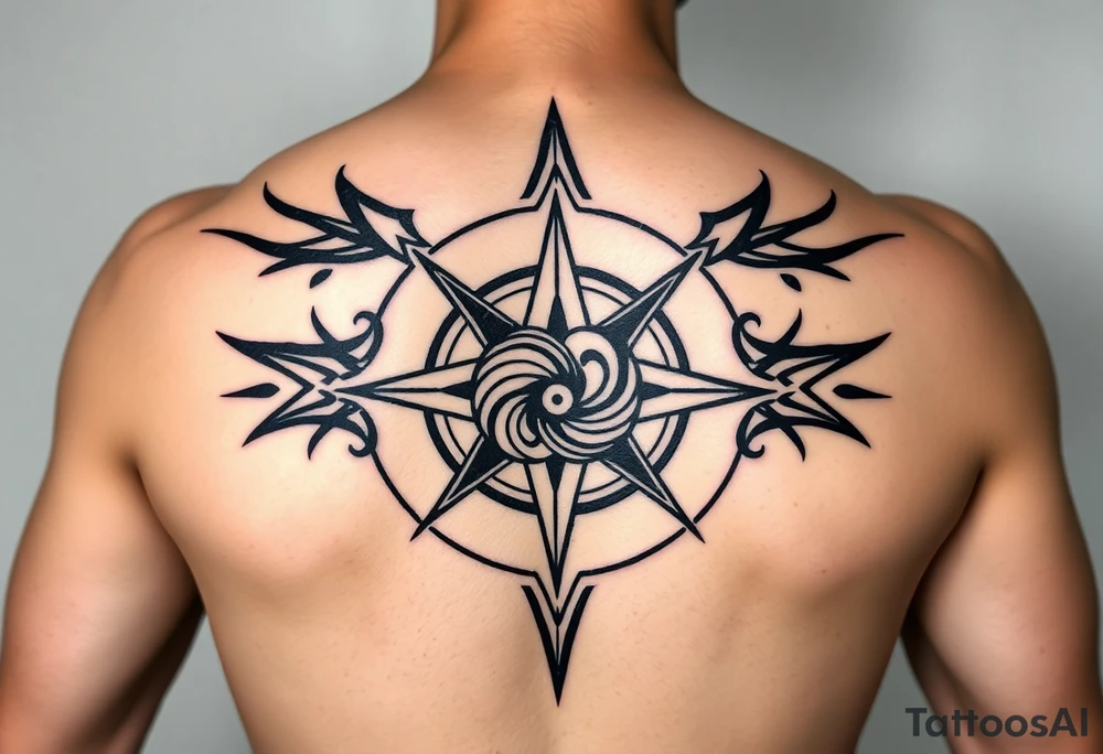 A sharp edged rip curl wave inside of a compass rose tattoo idea