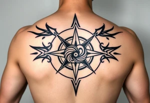 A sharp edged rip curl wave inside of a compass rose tattoo idea
