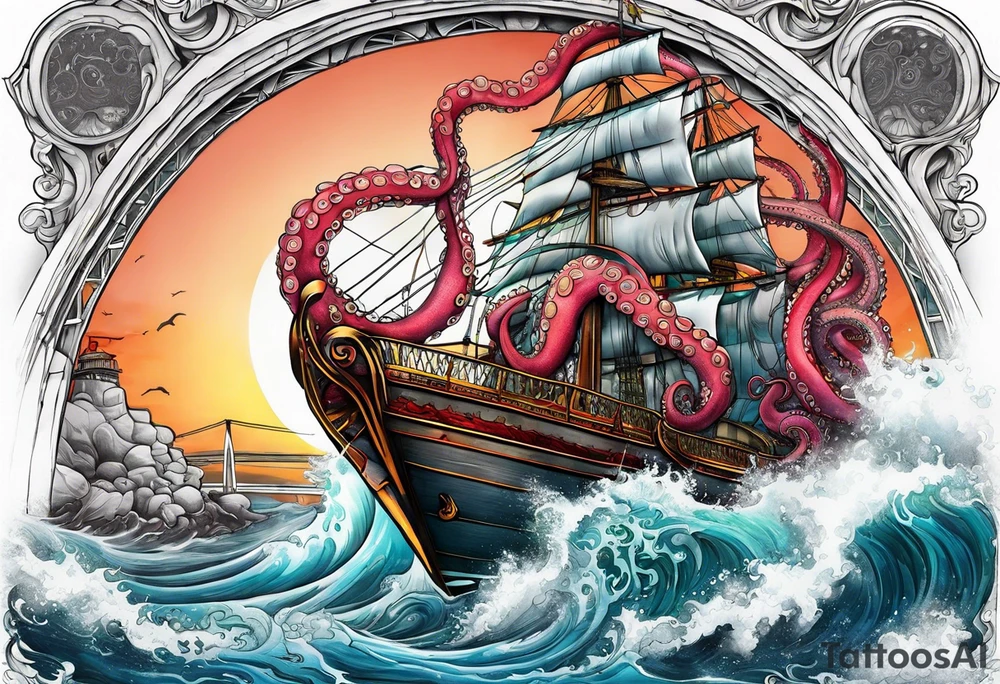 Octopus attacking bridge tattoo idea