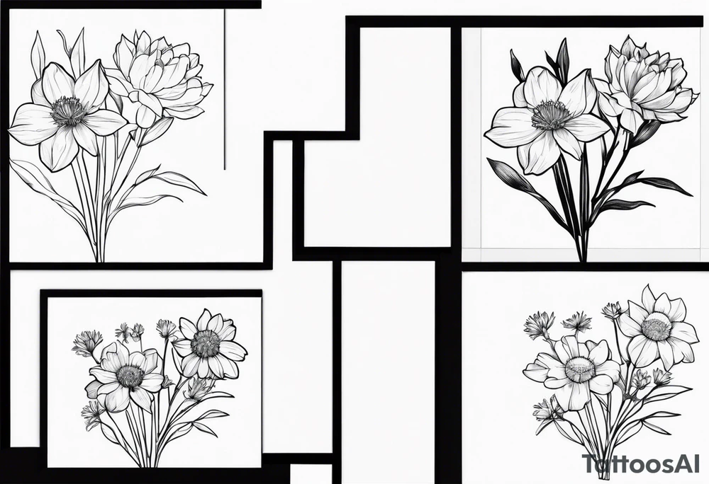 daffodil and aster flowers in a bouquet with pine branch and willow branch tattoo idea