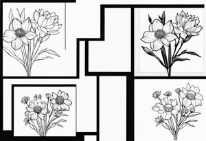 daffodil and aster flowers in a bouquet with pine branch and willow branch tattoo idea