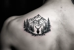 mountain scene with evergreen trees and foreground bull elk at base tattoo idea