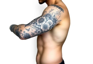 porcelain blue style with ornate and floral decor with a detailed banded border at the wrist and elbow. add animal decor also tattoo idea