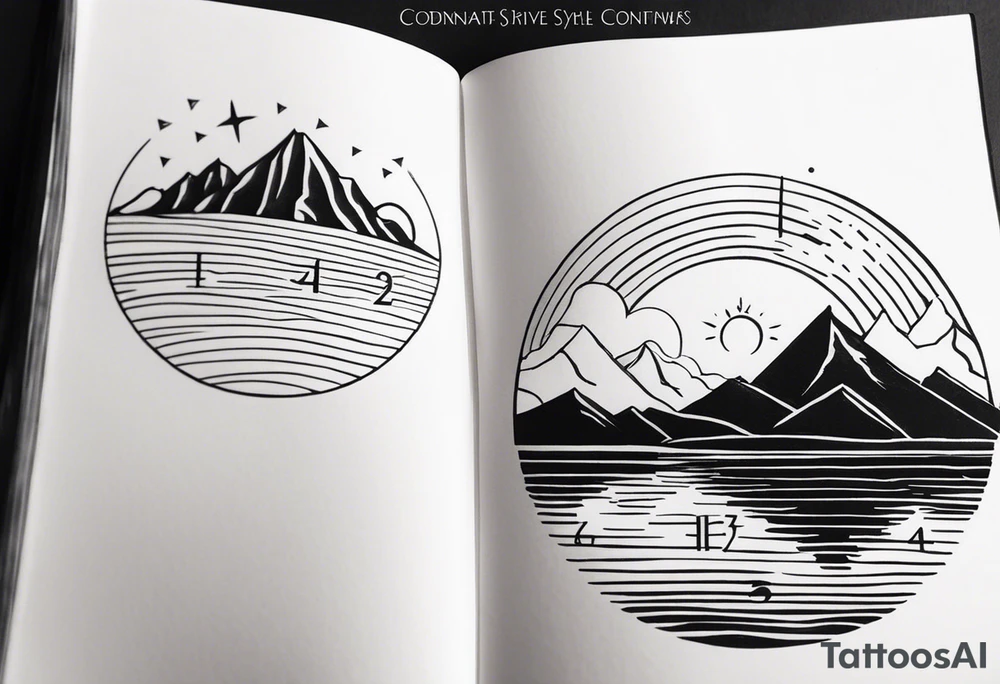 Let the coordinates 35.331° N, 33.429° E be written, next to it should be a mountain, sun, sea and tree icon, the letters of the coordinate should be capitalized and the numbers next to it should be written from top to bottom. tattoo idea