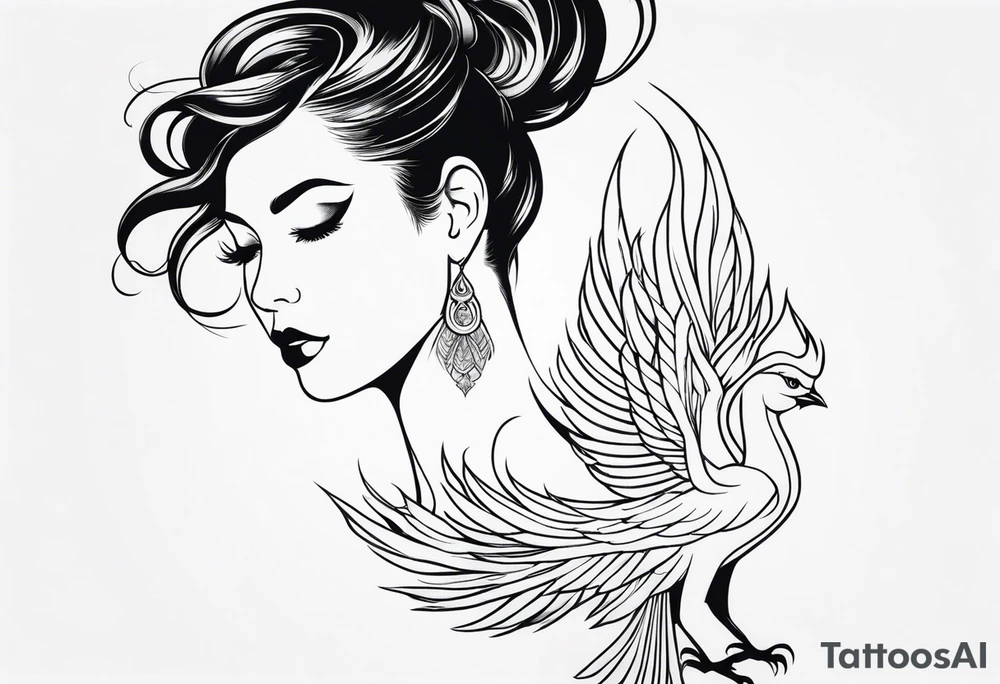 Pretty lady and phenix bird tattoo idea