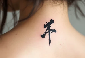 Small Brushstroke K painted with bold black ink, Japanese sumi-e style with subtle red stamp mark in the corner. tattoo idea