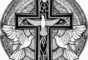catholic cross with prayer hands and dove tattoo idea