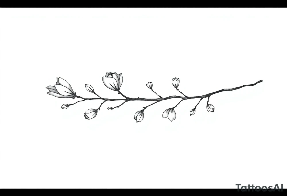 Magnolia branch long with different small almost closed flowers, with botanical details and dots tattoo idea