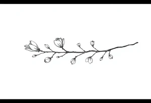 Magnolia branch long with different small almost closed flowers, with botanical details and dots tattoo idea