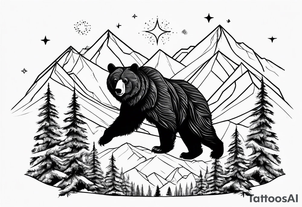 Mountains, travel, adventure, trees, bear, stars tattoo idea