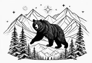 Mountains, travel, adventure, trees, bear, stars tattoo idea