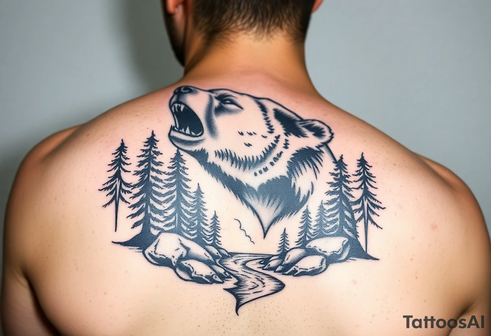 roaring bear,forest,river. tattoo idea