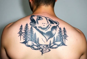 roaring bear,forest,river. tattoo idea