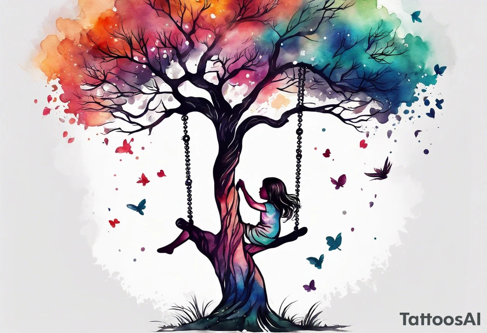 little girl swinging under a tree of life tattoo idea