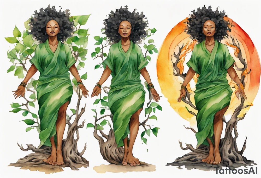 a tree trunk with roots that is a black woman from the waist up, feet made of tree roots, wearing a green tunic, arms stretched upwards towards a blazing sun tattoo idea
