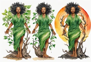 a tree trunk with roots that is a black woman from the waist up, feet made of tree roots, wearing a green tunic, arms stretched upwards towards a blazing sun tattoo idea