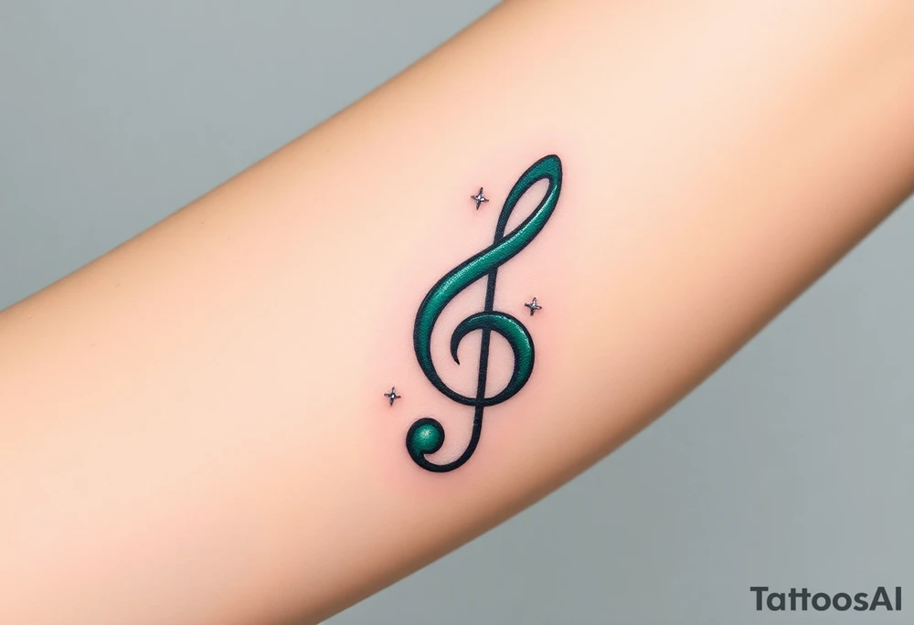 A forest green treble clef with subtle silver accents, surrounded by delicate sparkles tattoo idea